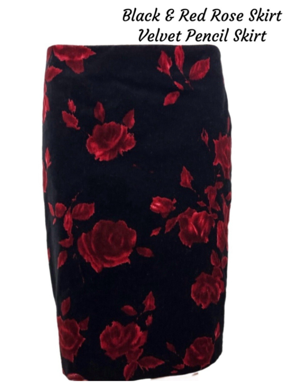 Talbots Black Velvet and Bold Red Roses Print Pencil Skirt Back Zip Lined Size 6